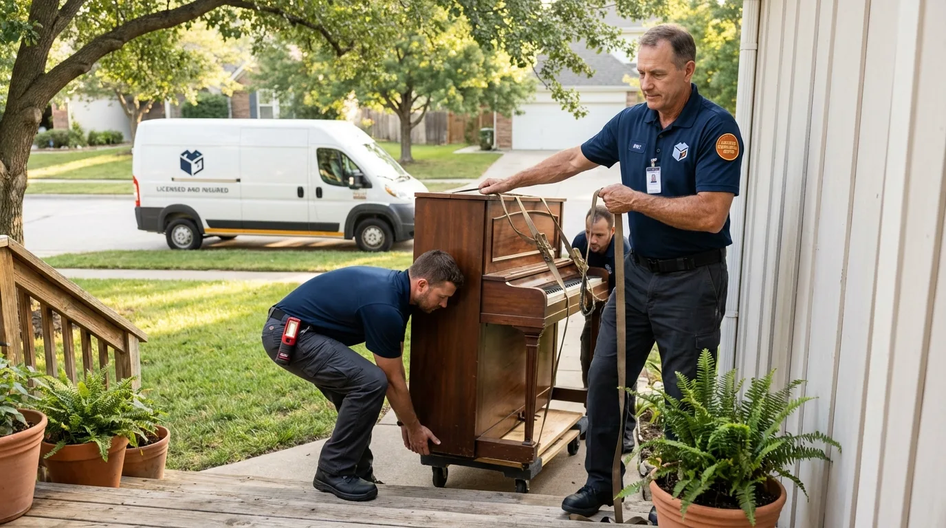 Licensed piano movers securing grand piano in Thomasville, NC