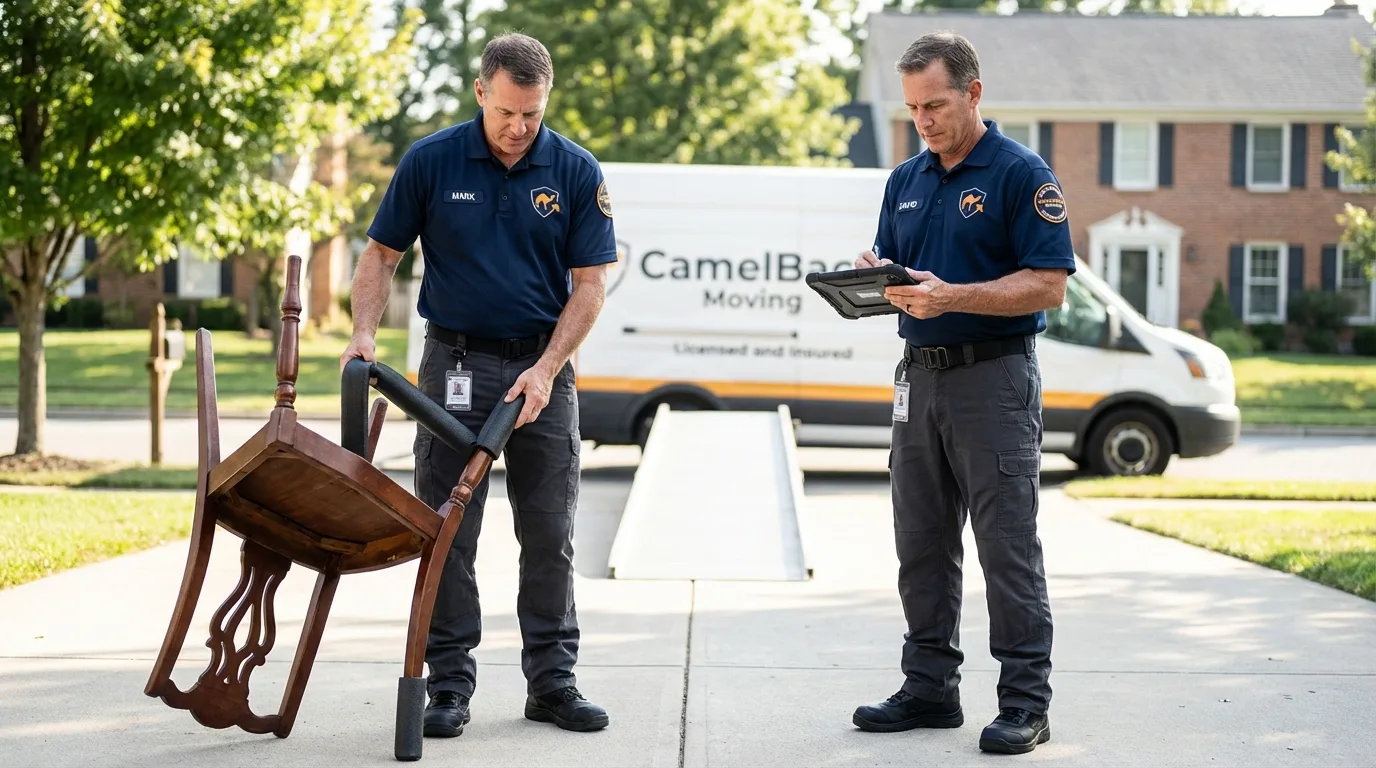 Movers inspecting furniture for damage prevention before loading in Thomasville, NC